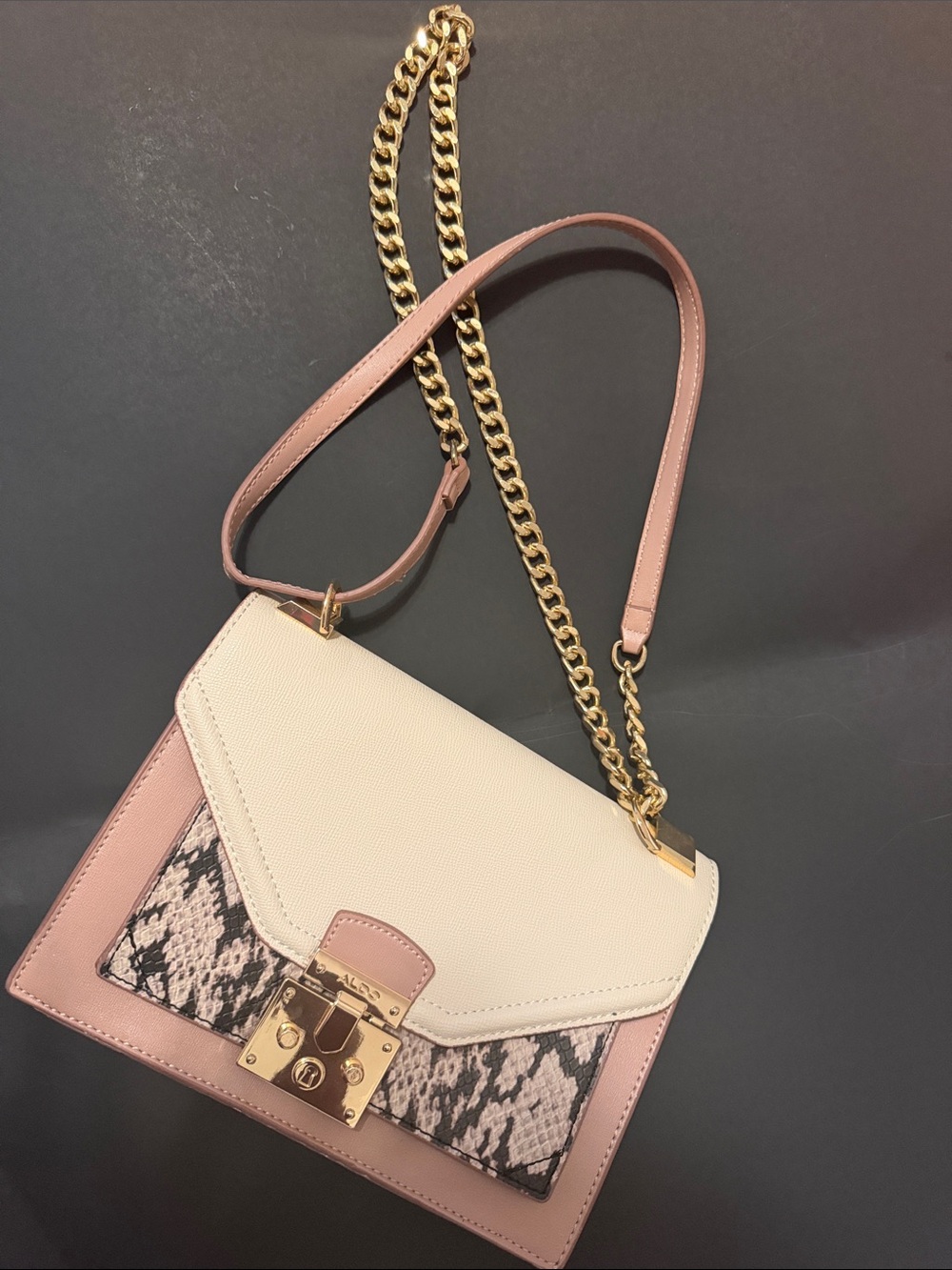 Aldo Pink & Cream Shoulder Bag with Gold Chain and Snake-Print Accent